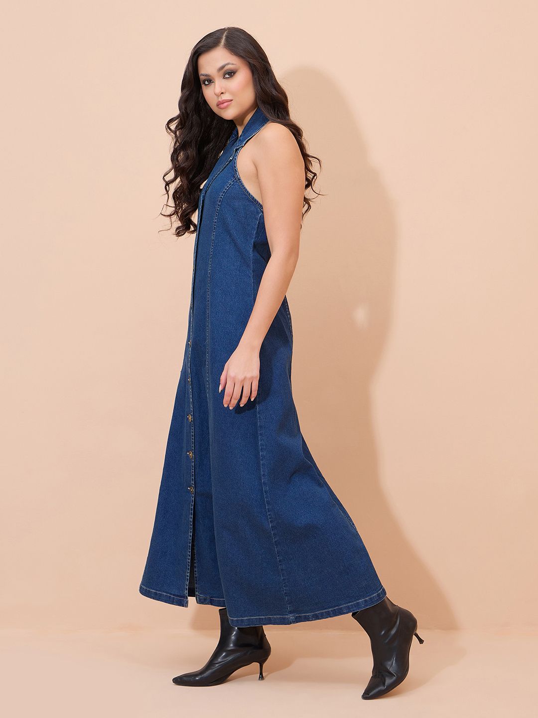 Halter Neck Denim A-Line Maxi Dress 3