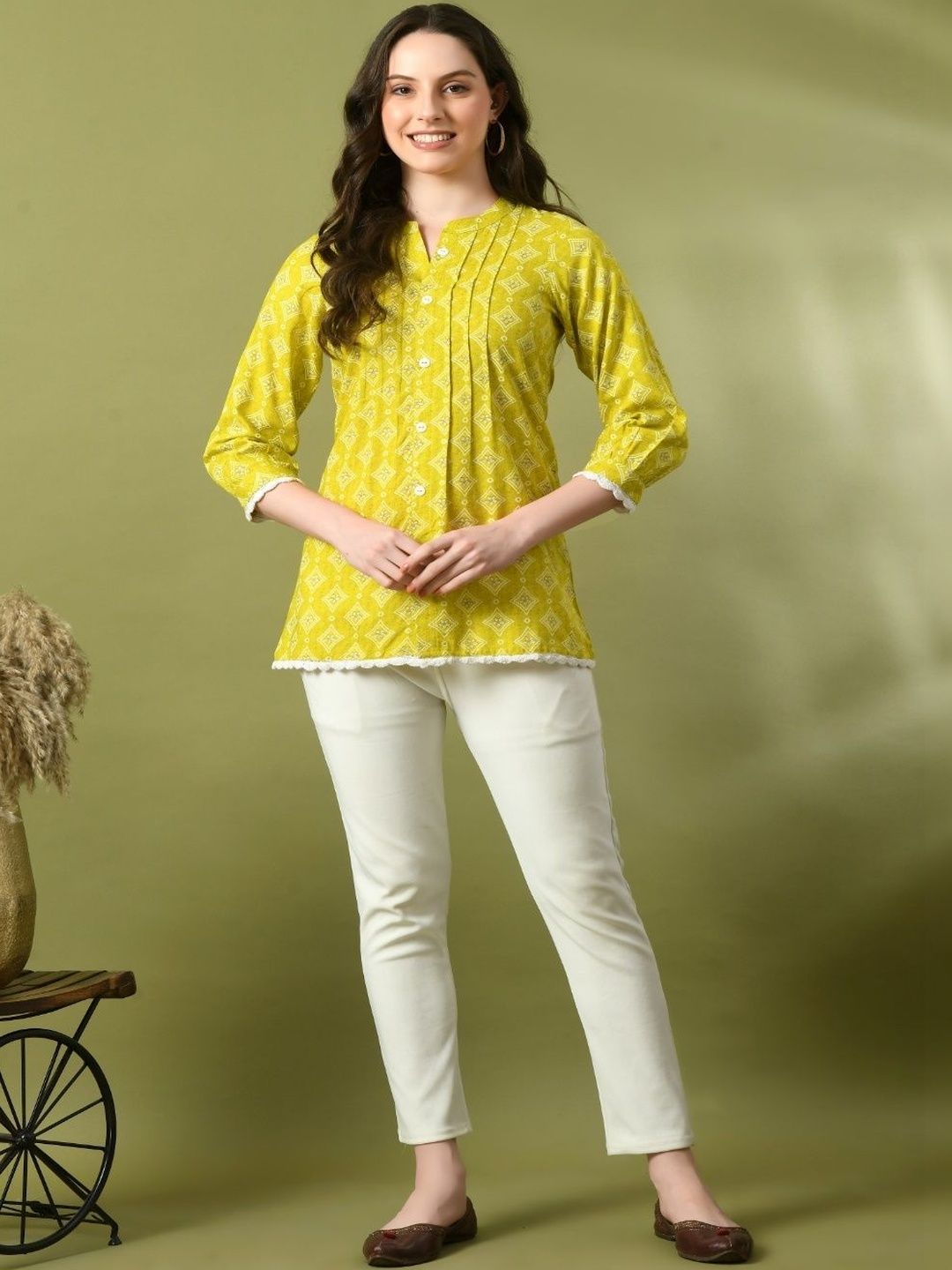 VIDHANI Geometric Print Mandarin Collar Cotton Blend Top