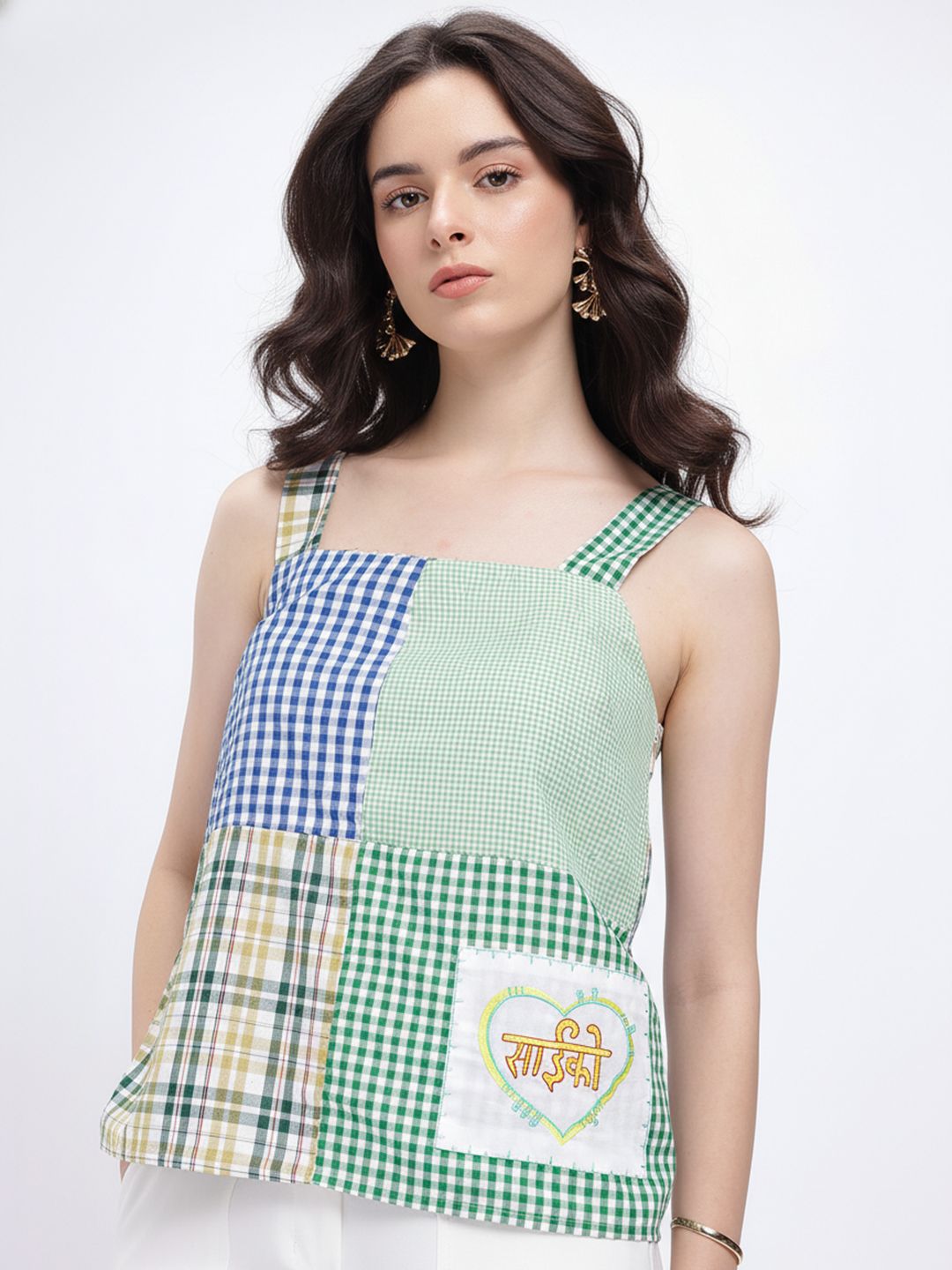 fusion by glitchez Checked Square Neck Cotton Boxy Top