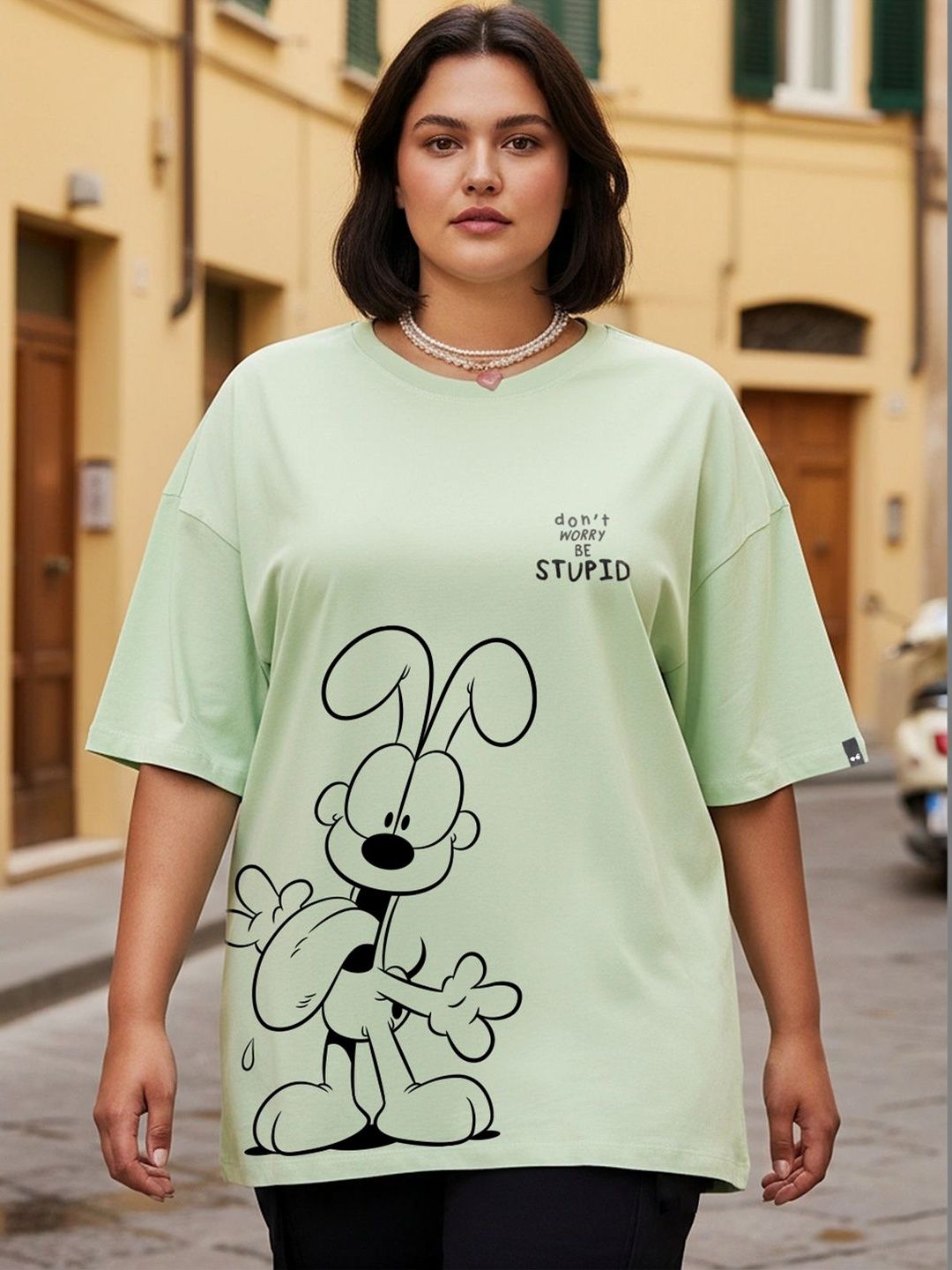 Bewakoof Garfield Women Green Be Stupid Odie Graphic Printed Oversized Plus Size T-shirt