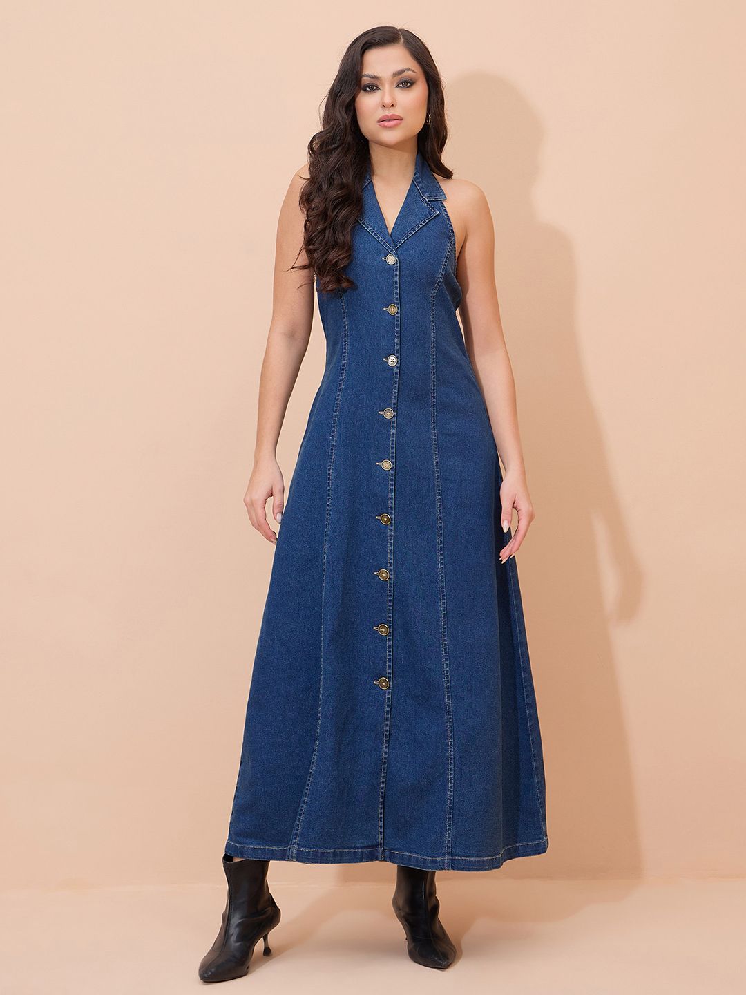 Halter Neck Denim A-Line Maxi Dress 6