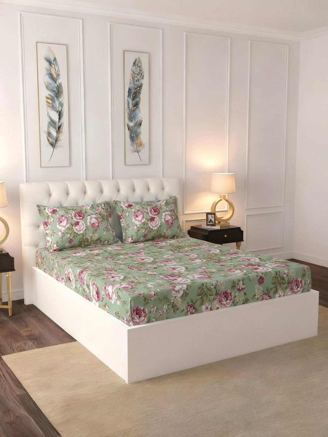 Buy Raymond Home Green Floral 120 TC King Bedsheet With 2 Pillow Covers -  - Home for Unisex