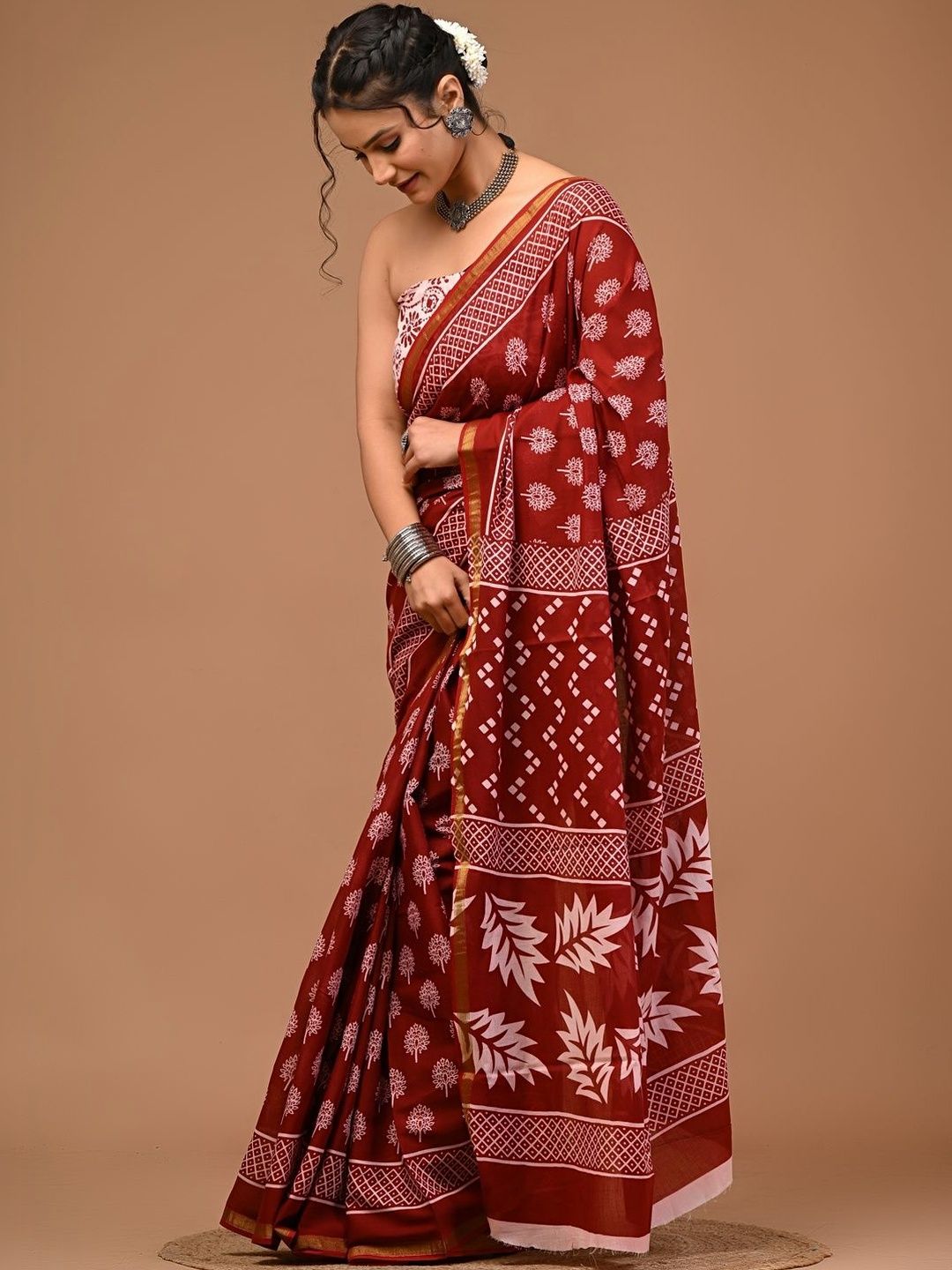 RAMNATHS Ethnic Motifs Pure Cotton Handloom Block Print Saree