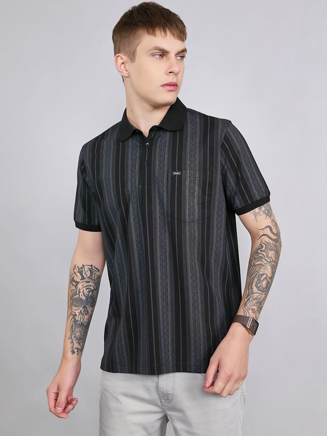 Monte Carlo Men Striped Polo Collar Pockets T-shirt