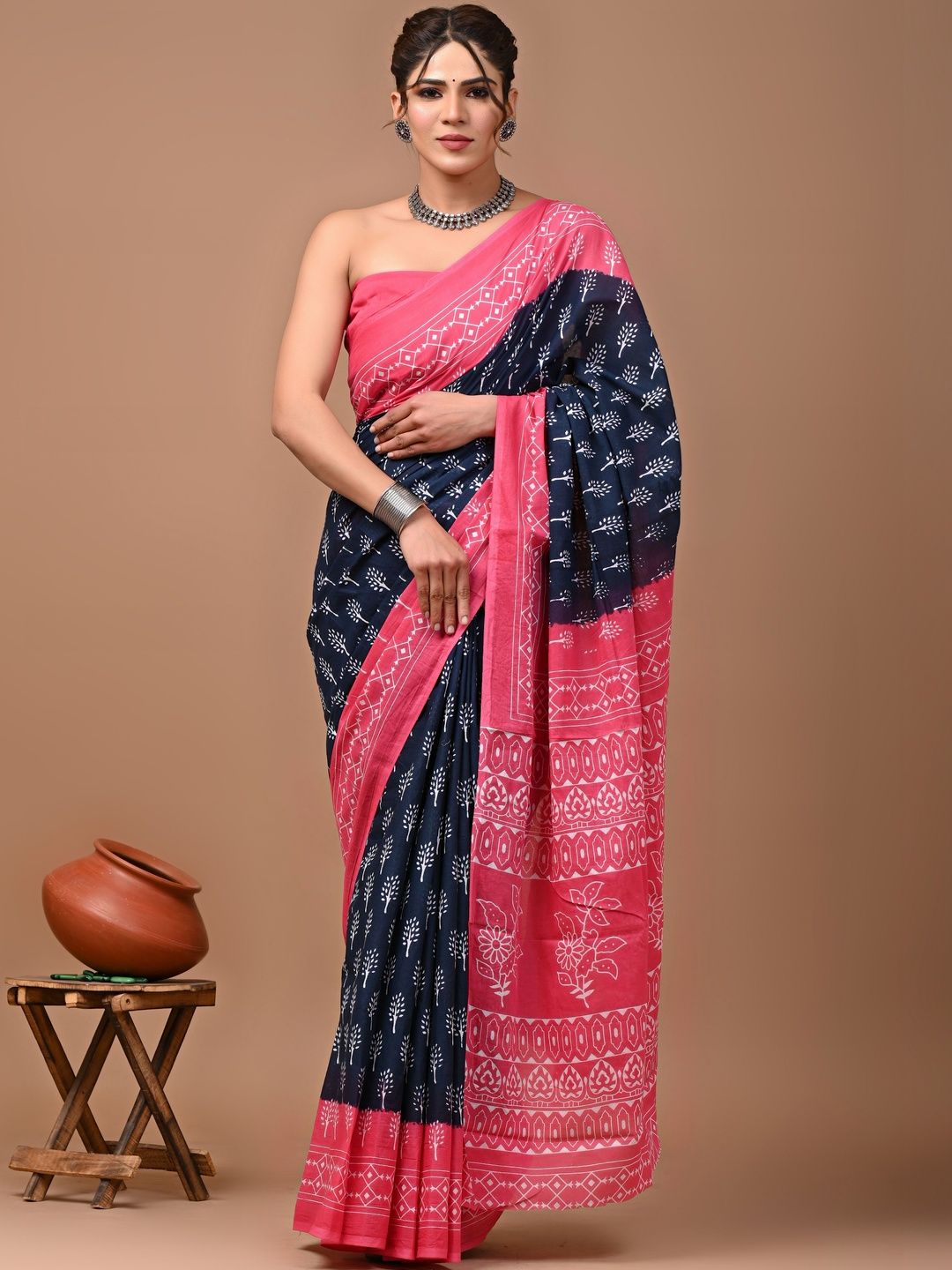 RAMNATHS Ethnic Motifs Pure Cotton Handloom Block Print Saree