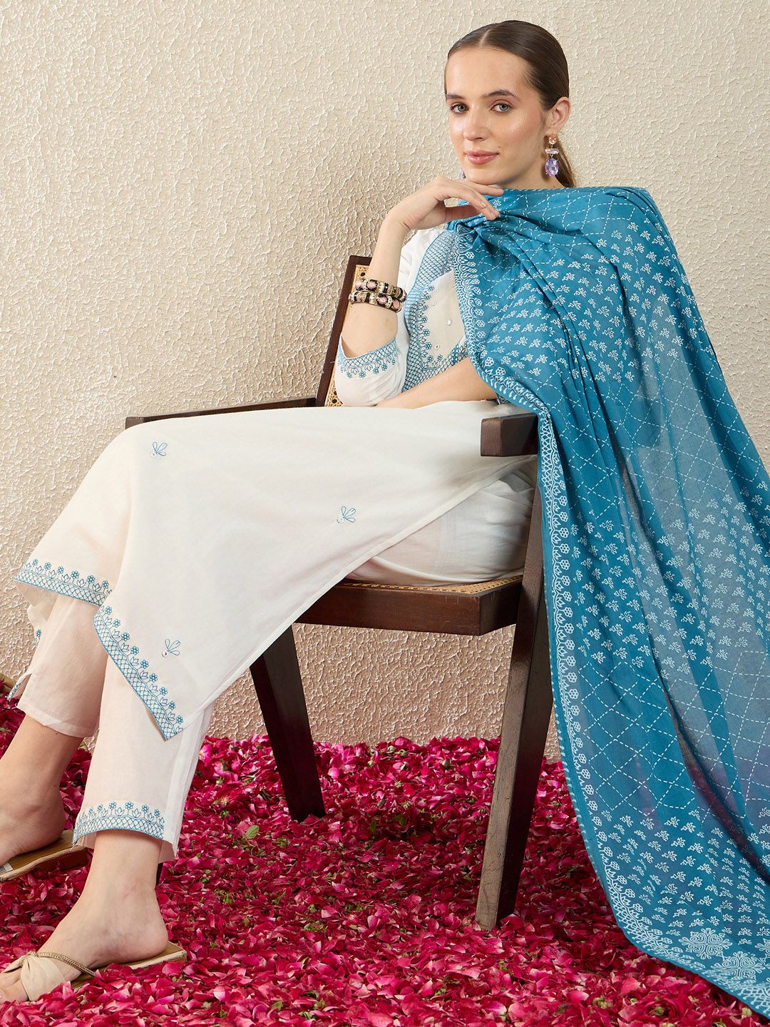 Indo Era Women Ethnic Motifs Embroidered Regular Thread Work Pure Cotton Kurta with Trousers & With Dupatta