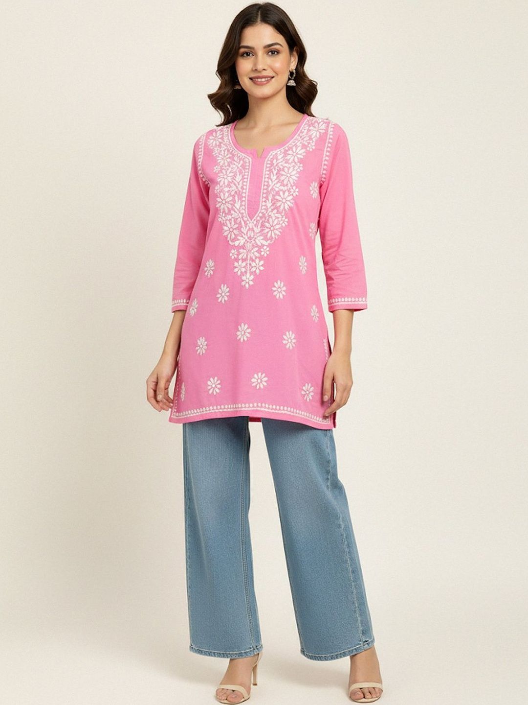 Echo Ethnic Floral Embroidered V-Neck Thread Work Pure Cotton Blend Thread Work Kurti