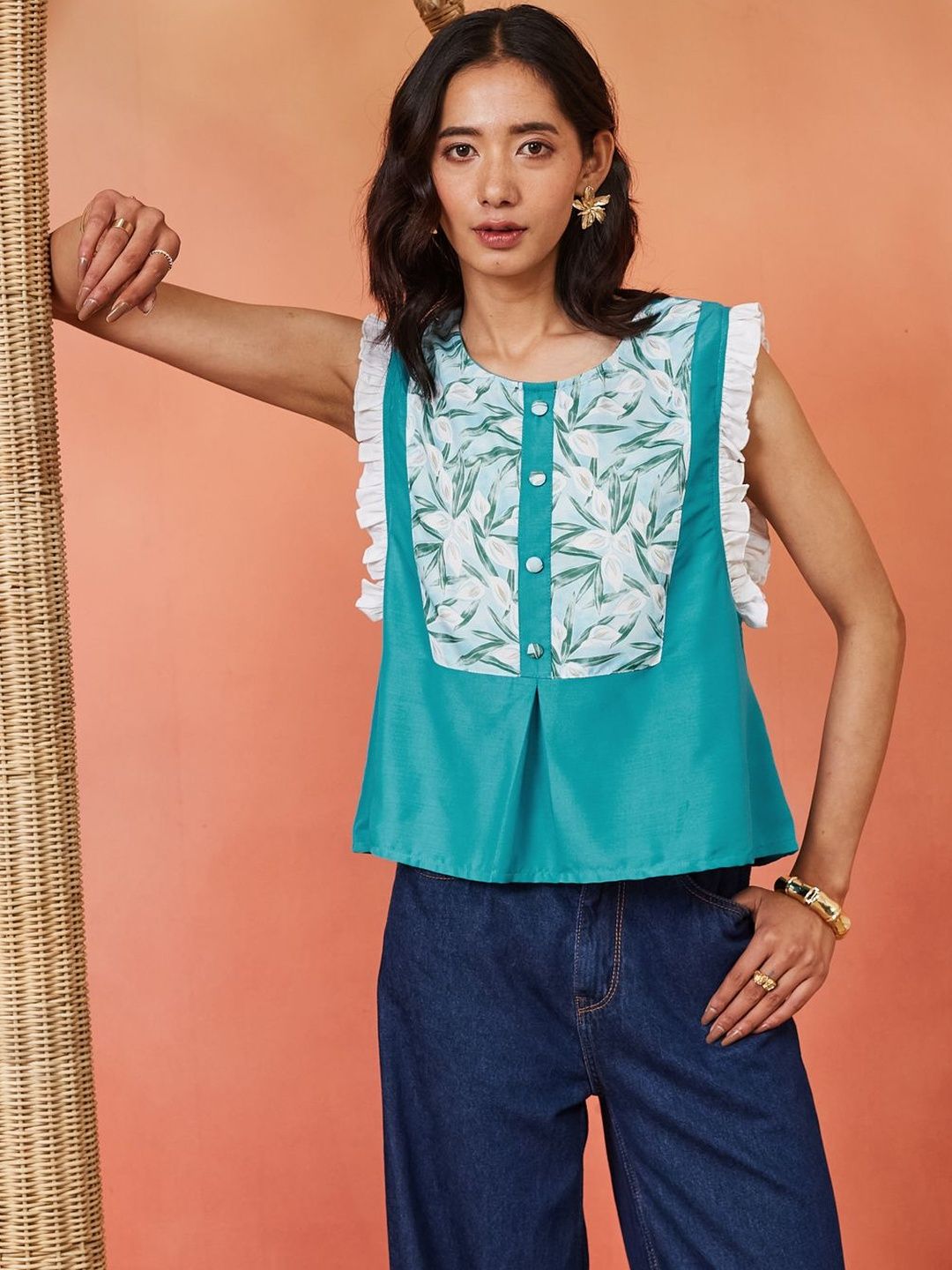 Sangria FUZN Floral Colourblocked Flared Sleeve Ruffles Cotton Top