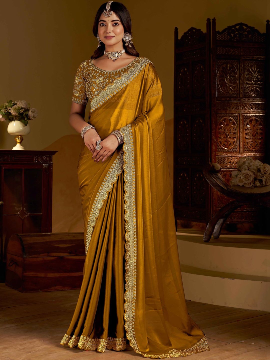 RAAG VARNAM Gold Rangoli Silk Saree with Heavy Embroidery Work