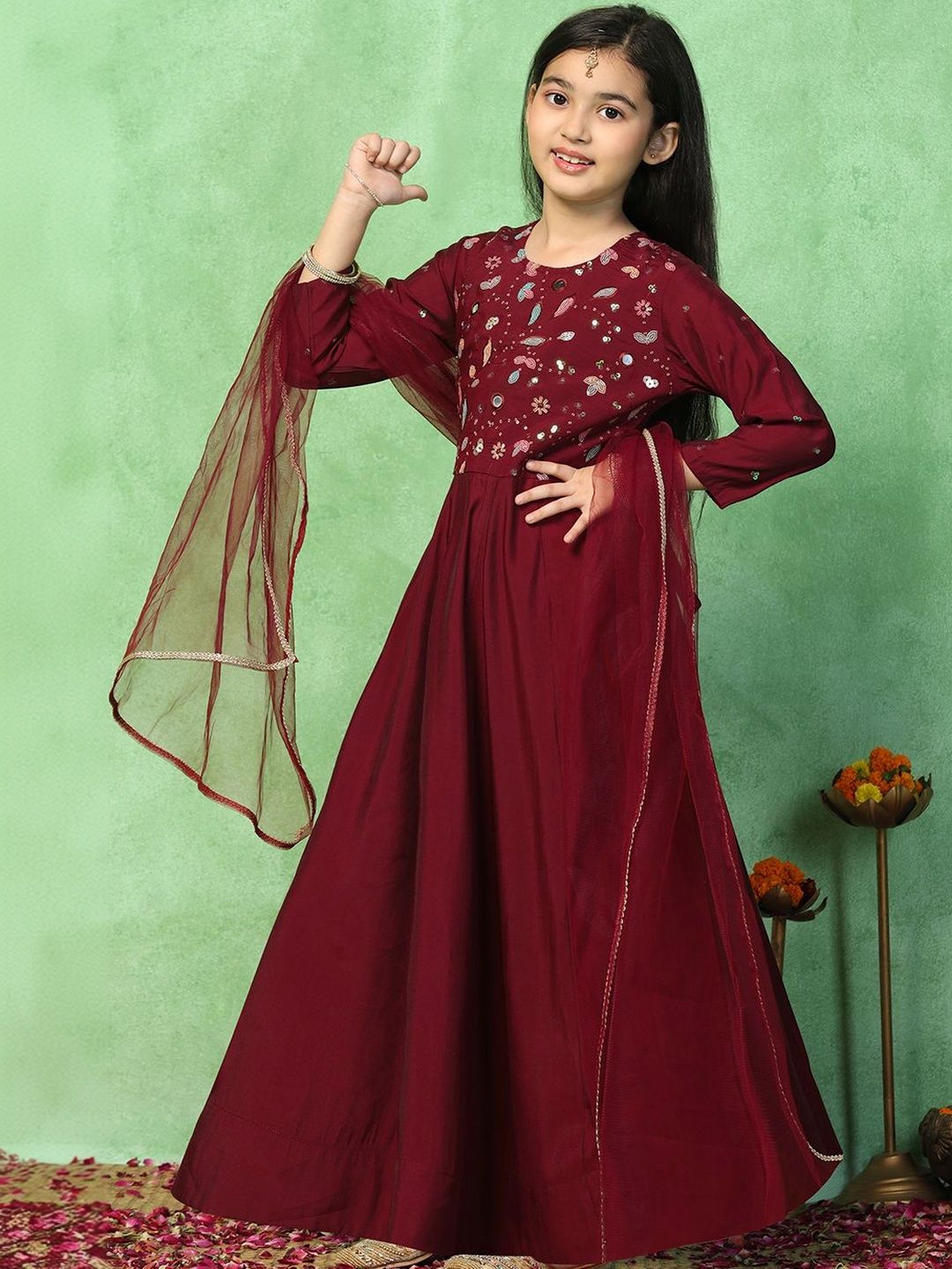 Girls Embroidered Round Neck Fit and Flare Ethnic Dresses 6