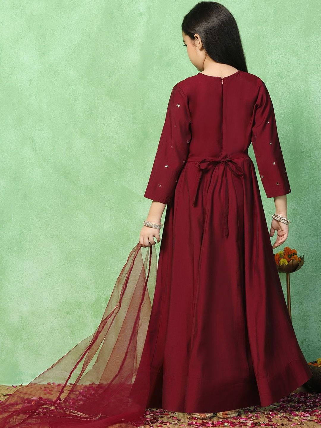 Girls Embroidered Round Neck Fit and Flare Ethnic Dresses 2