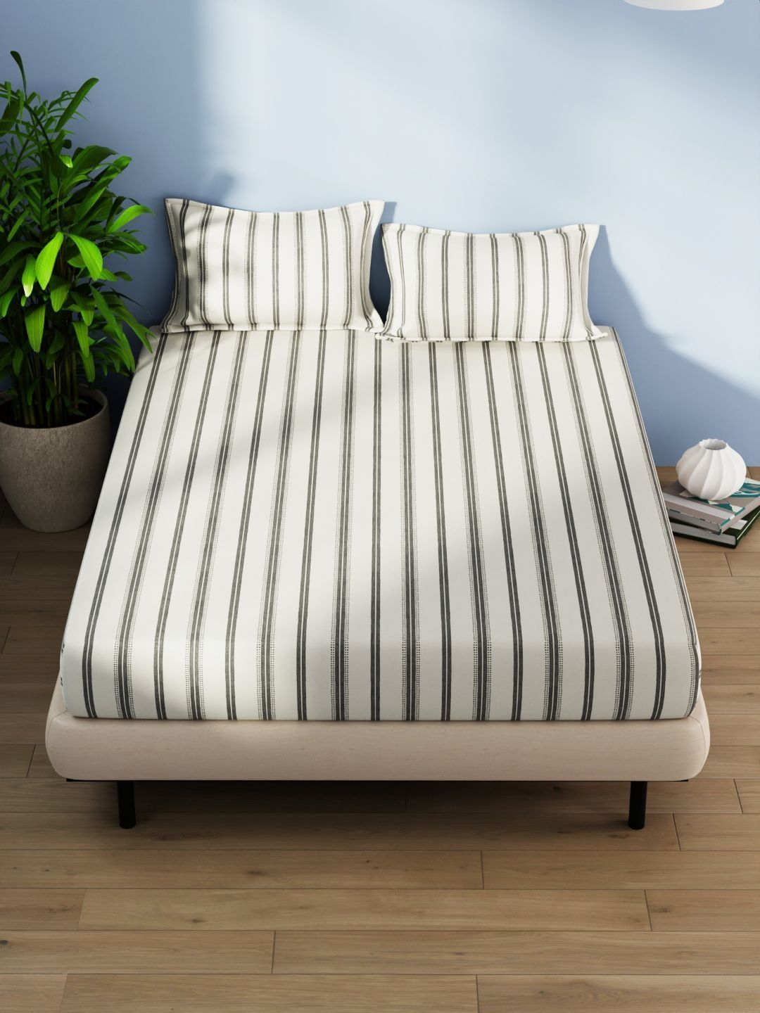 BIANCA Black & Beige Striped 144 TC Bedsheet with 2 Pillow Covers