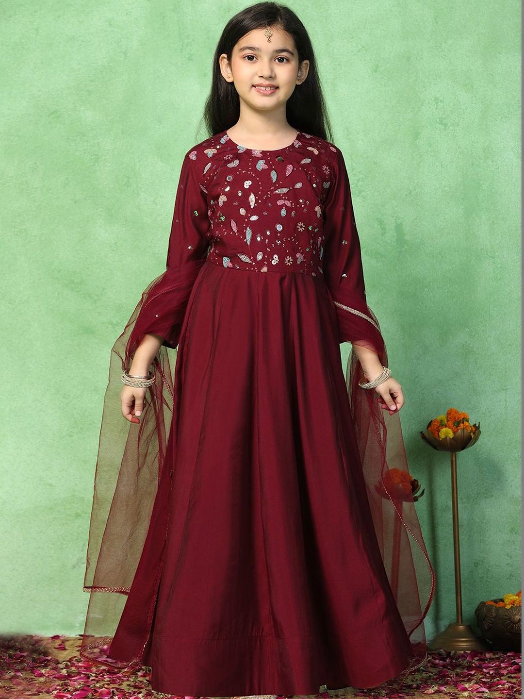 Girls Embroidered Round Neck Fit and Flare Ethnic Dresses 3