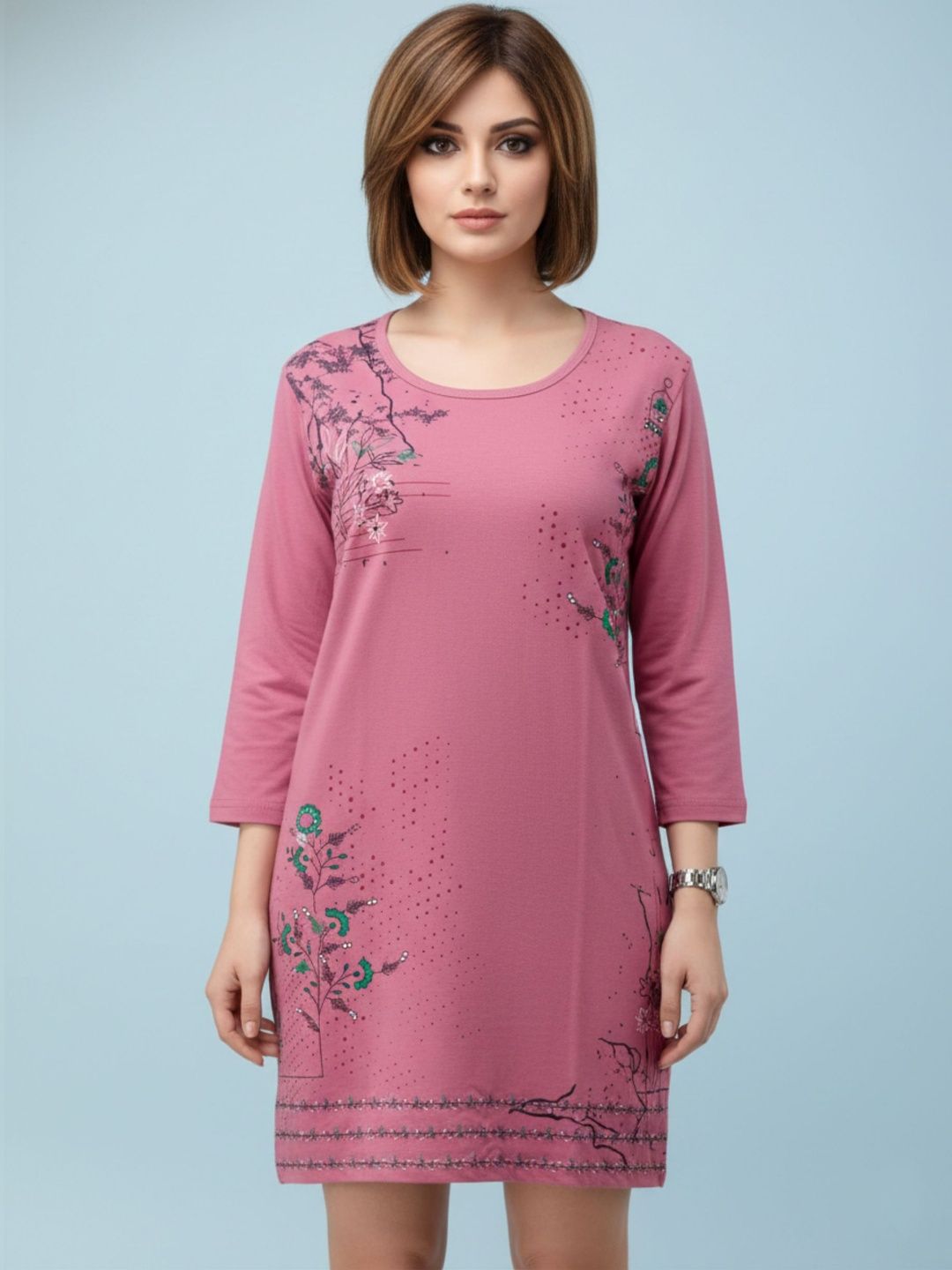 SANDPIPER Floral Printed Round Neck Pure Cotton Longline Tshirt
