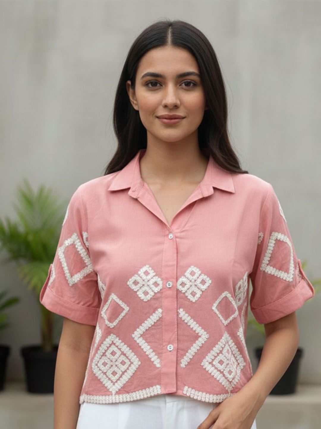 Moda Rapido Geometric Embroidered Shirt Style Top