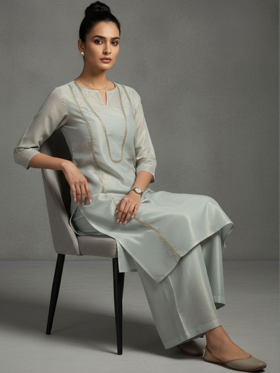 Navibhu Women Ethnic Motifs Embroidered Regular Thread Work Workwear Kurta with Palazzos
