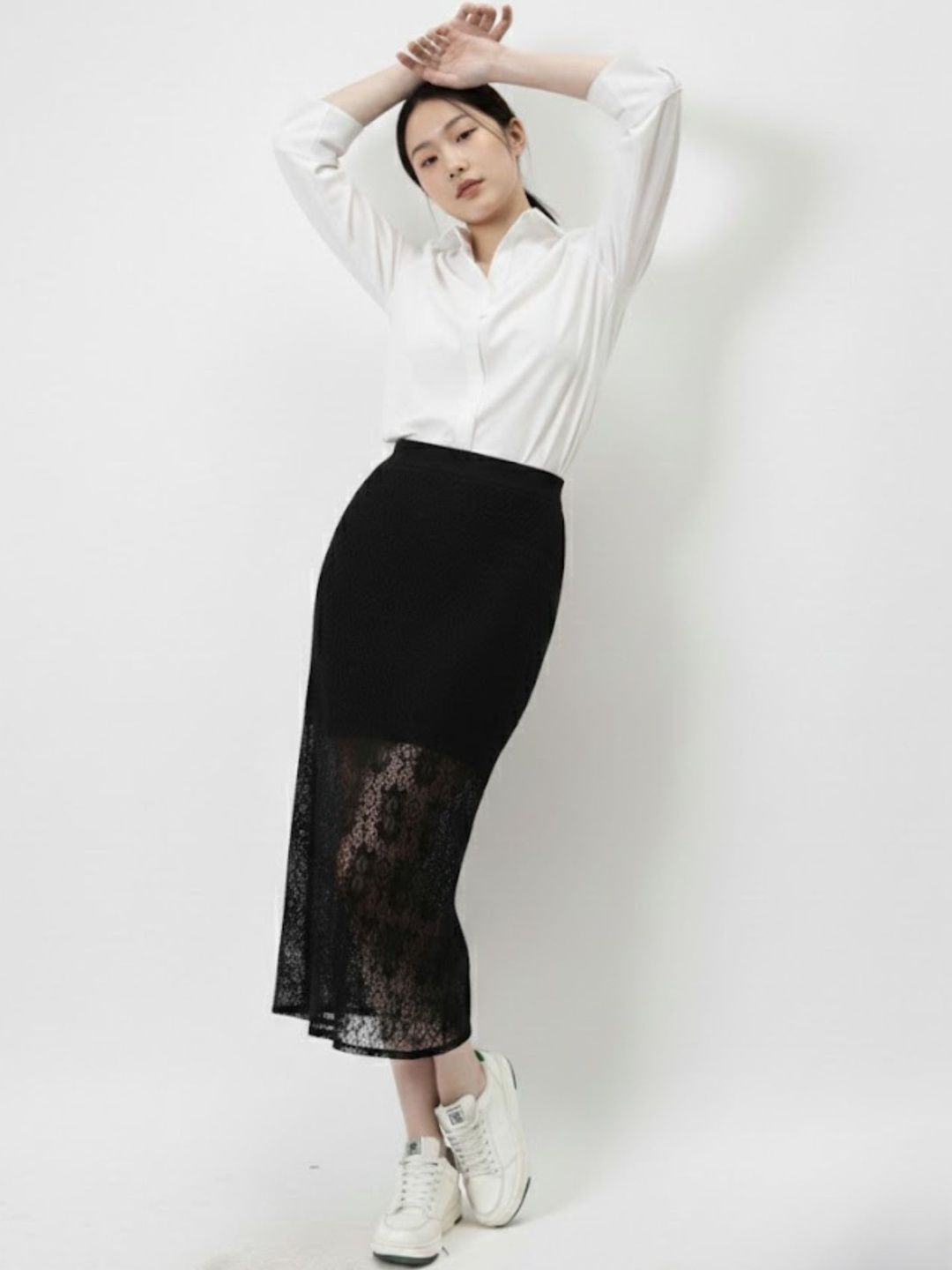 Pookiie Women Lace Self Design Sheer Midi Straight Skirt