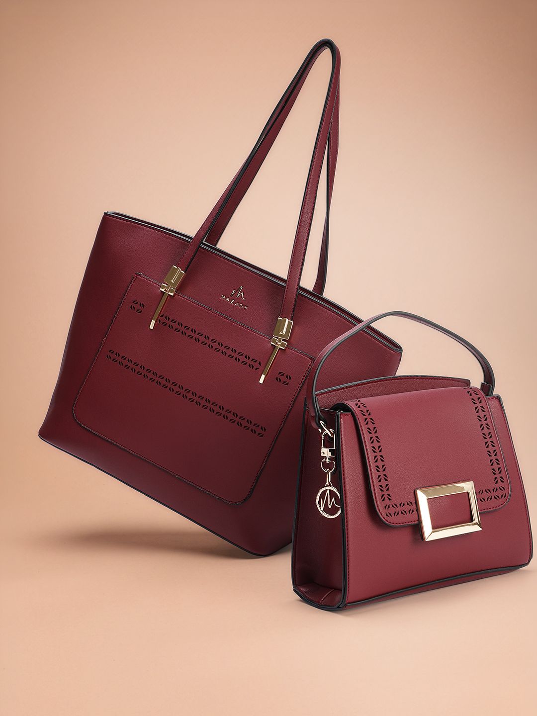 MAEJOY Women Maroon Textured Set of Tote and Satchel