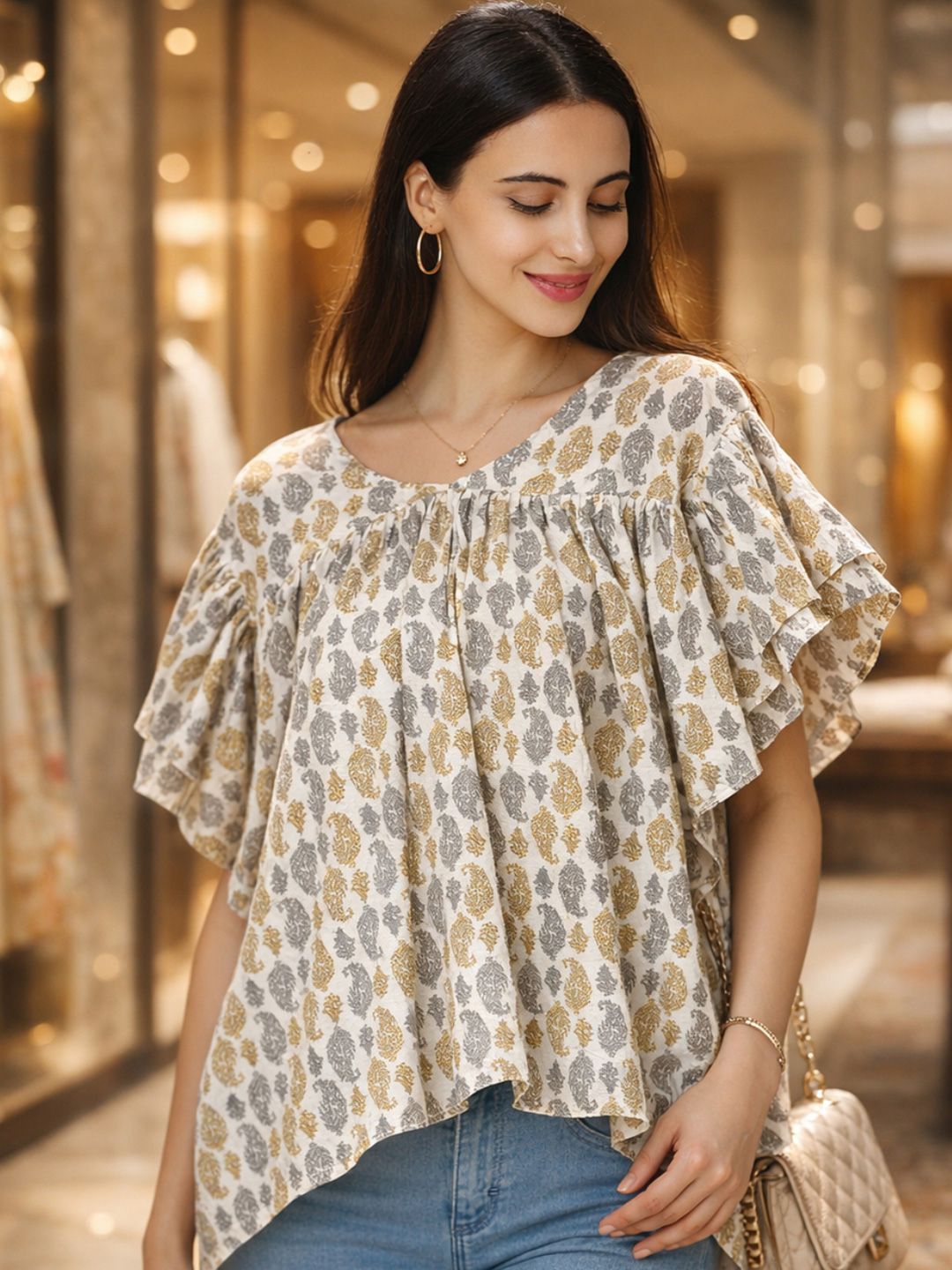 KALINI Women Print Flutter Sleeve Layered Ethnic Cotton Top