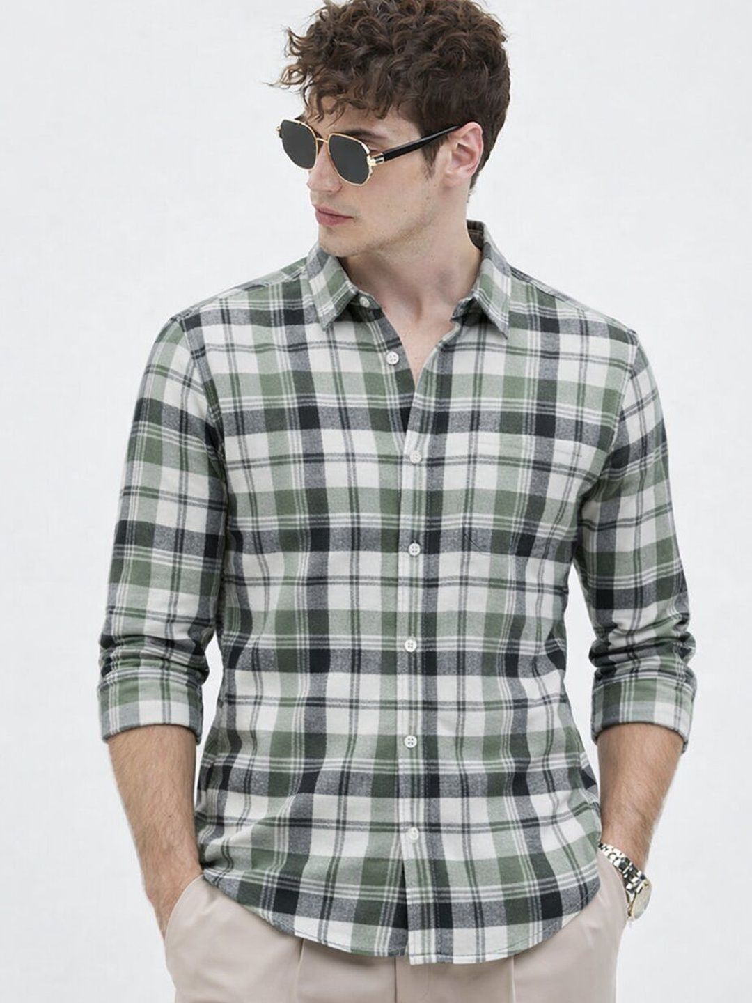 The Roadster Lifestyle Co Checked Pure Cotton Spread Collar Shirt