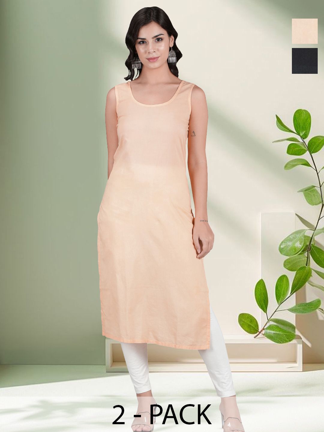 Seva Chikan Pack Of 2 Cotton Long Slips