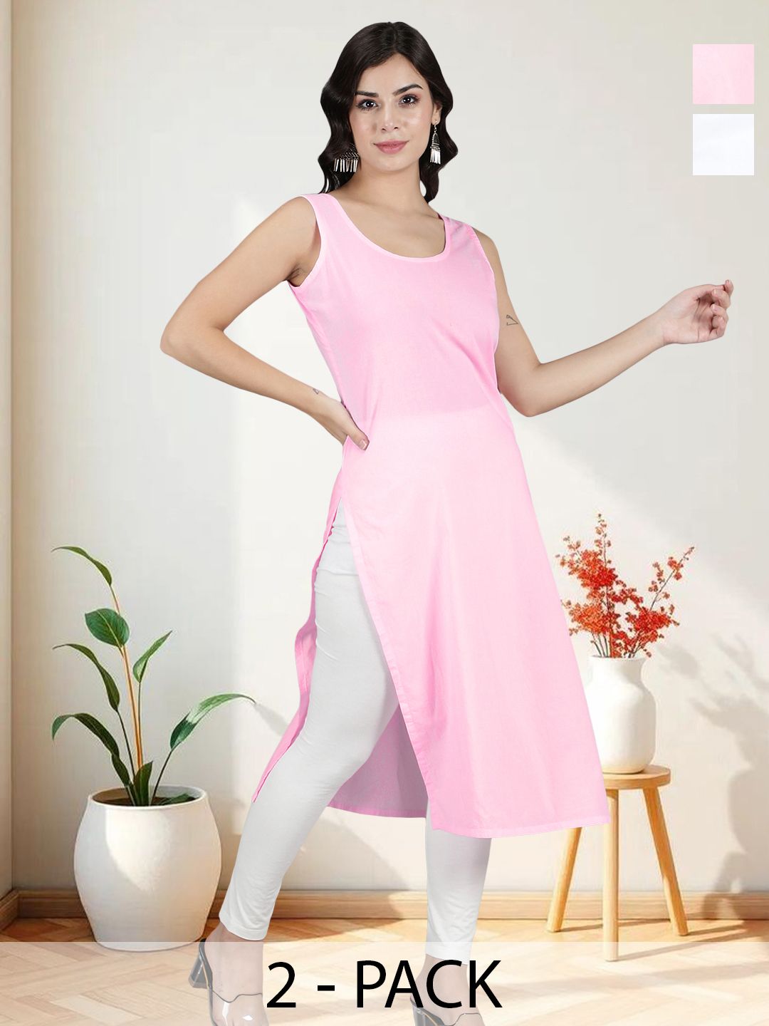 Seva Chikan Pack Of 2 Cotton Long Slips