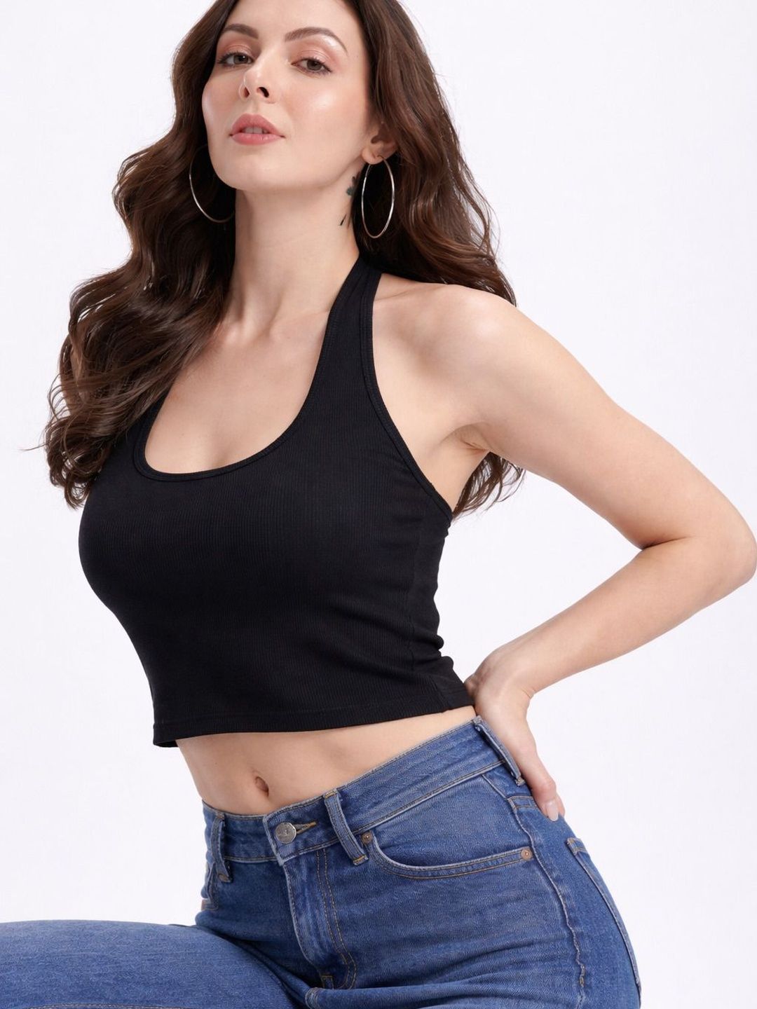 Slenor Ribbed Halter Neck Sleeveless Crop Top