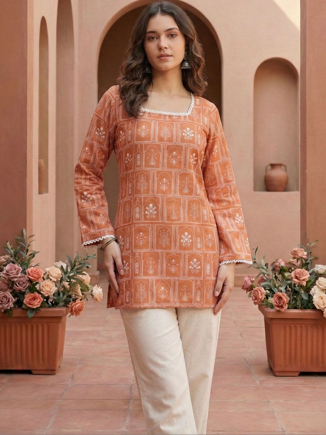 MASAKALI Women Printed Square Neck Cotton Blend Kurti