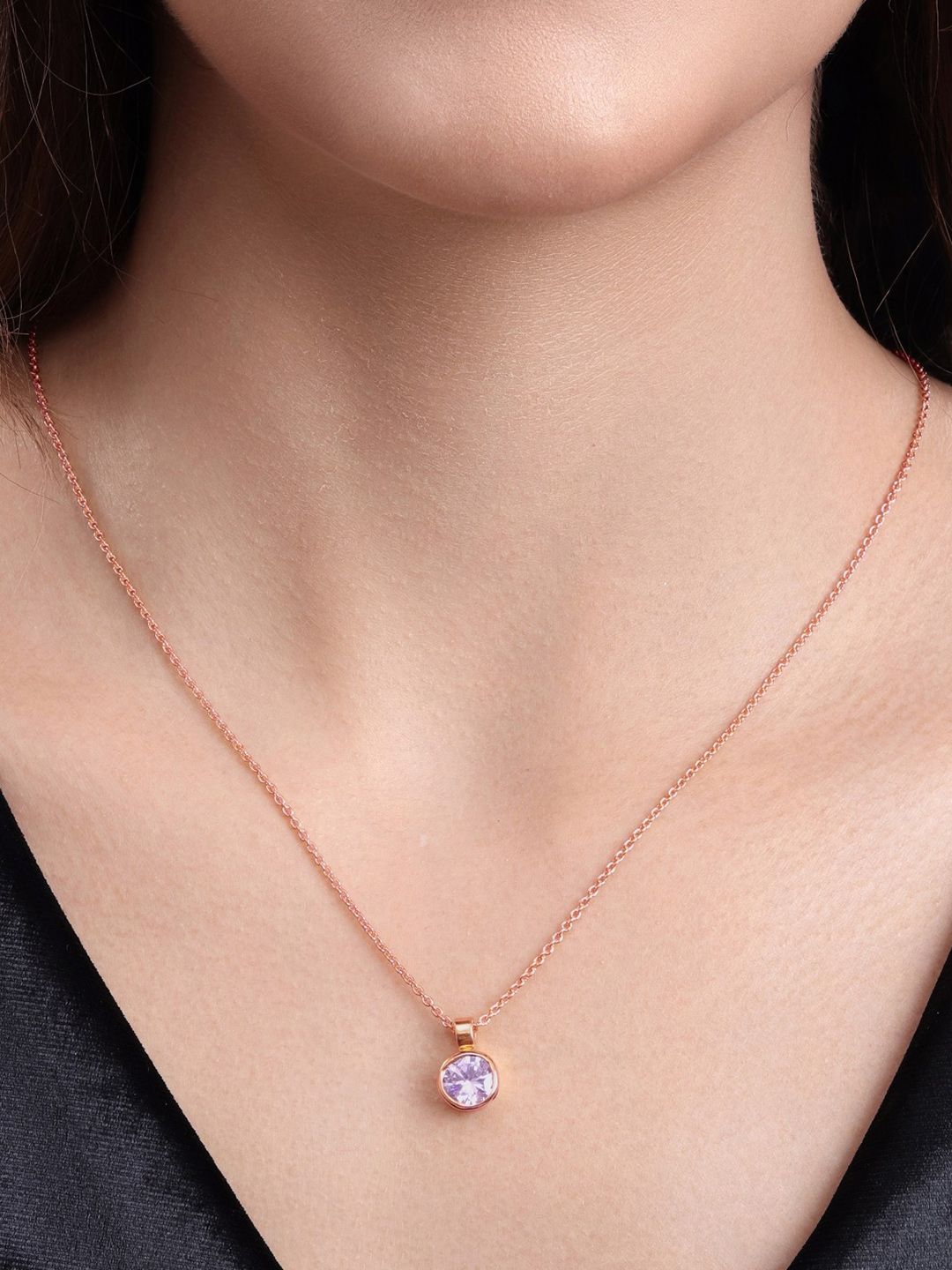MALENA Rose Gold-Plated Artificial Stones Studded Circular Pendant With Chain