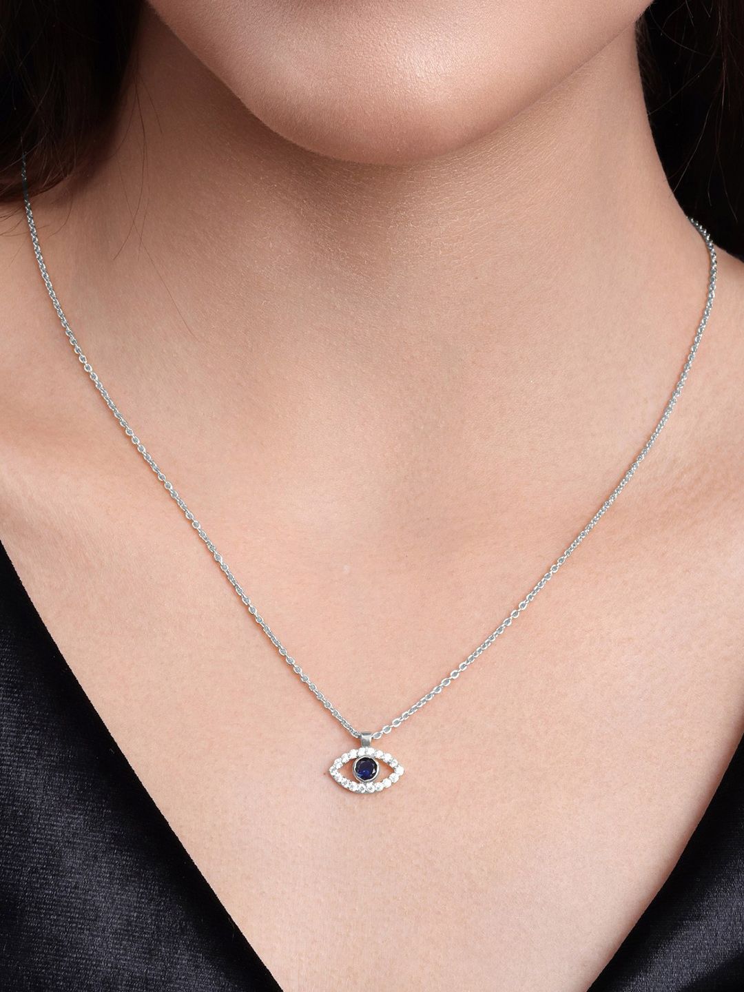 MALENA Silver-Plated Artificial Stones Studded Quirky Pendant With Chain