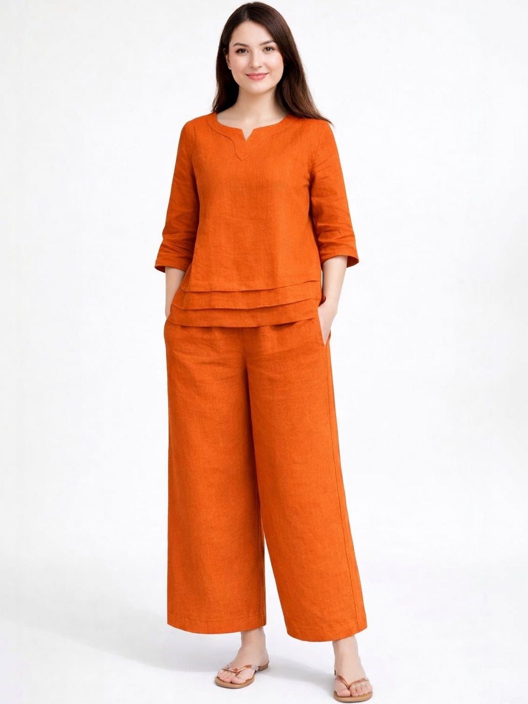 Ramyka Linen Solid Notch Neck Tunic With Palazzos