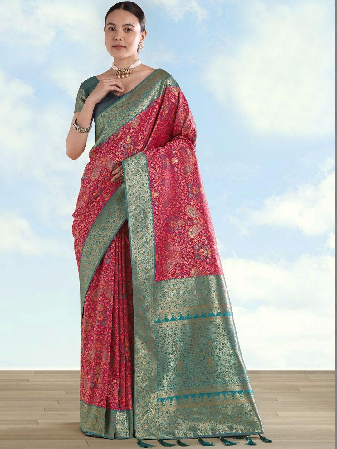 Monjolika Fashion Pink & Blue Woven Design Silk Blend Banarasi Saree