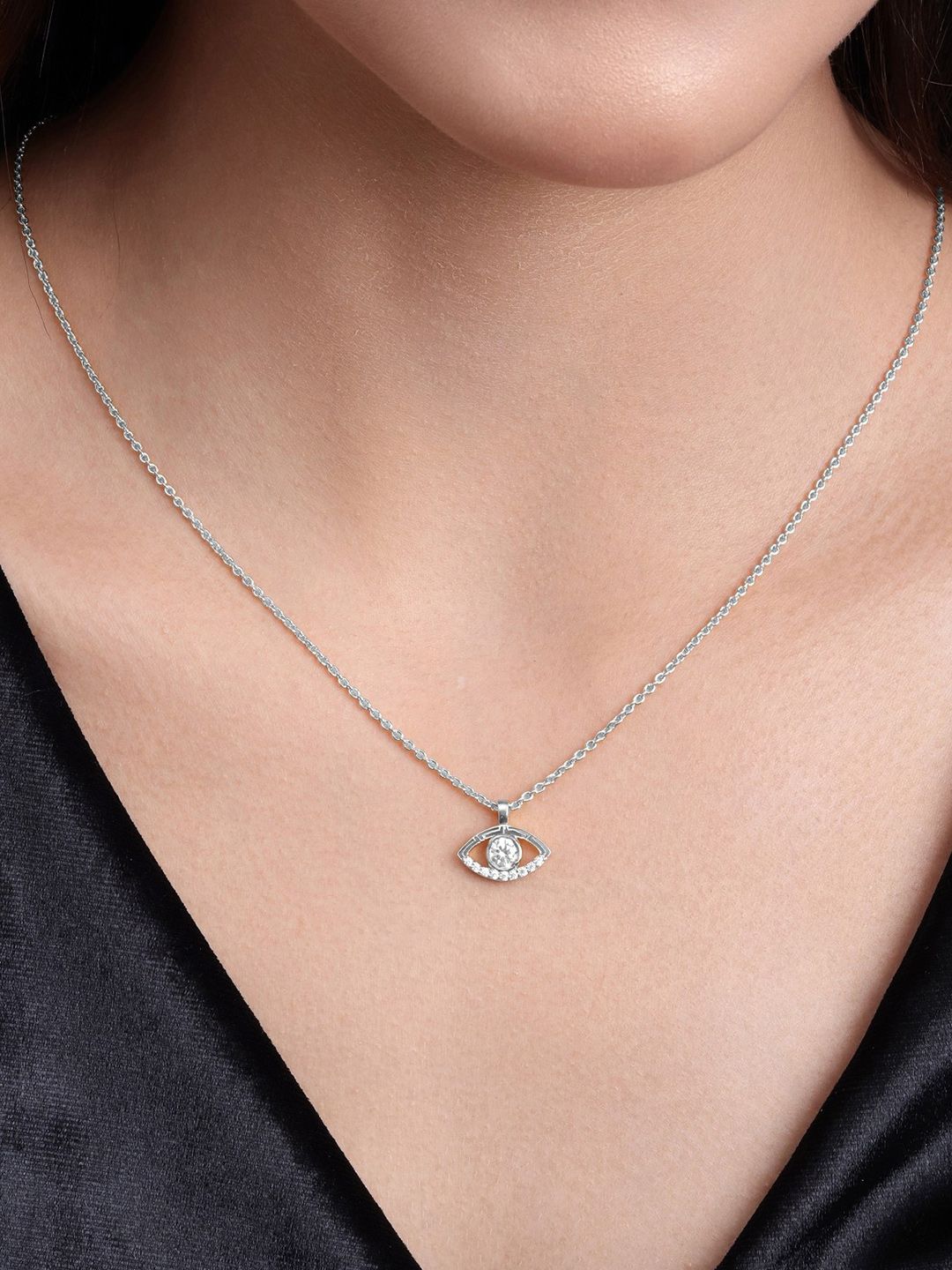 MALENA Silver-Plated Artificial Stones Studded Quirky Pendant With Chain