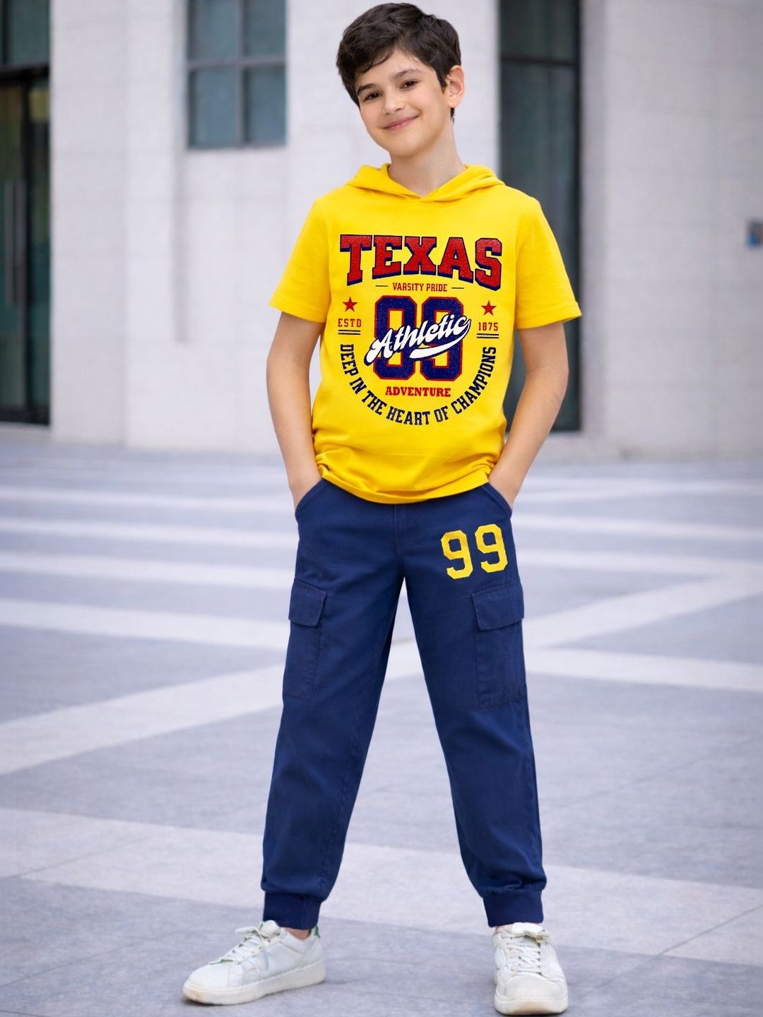 YK X Trampoline Boys Texas Printed Half Sleeves Hooded T-Shirt with Cargo Jogger