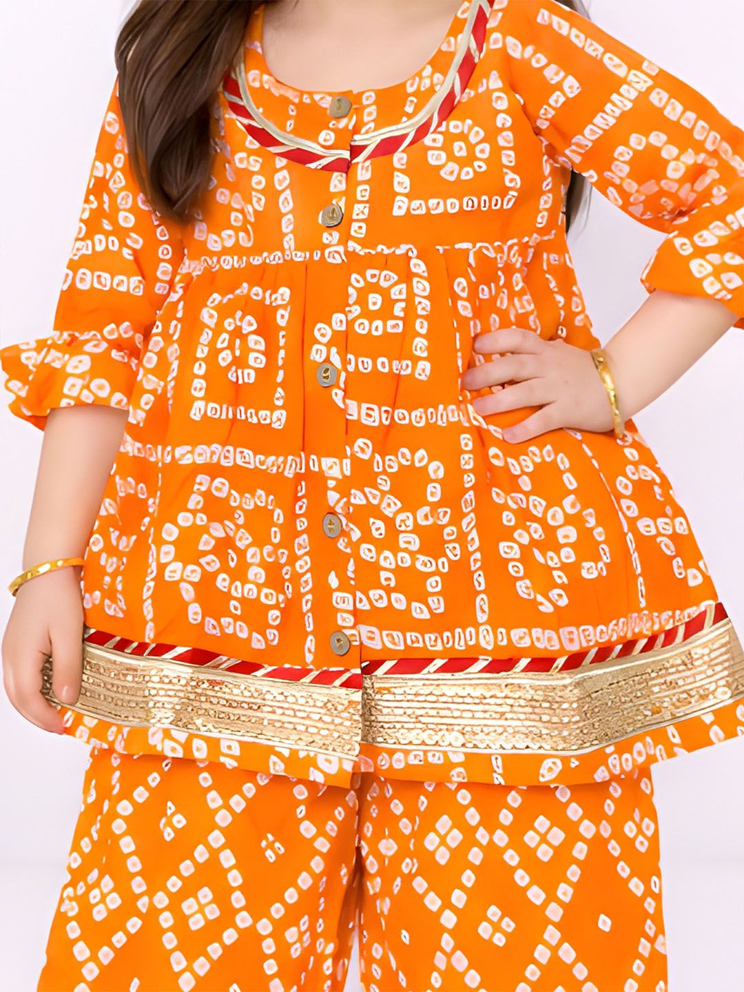 Girls Bandhani Dyed Empire Gotta Patti Kurti with Pyjamas 2