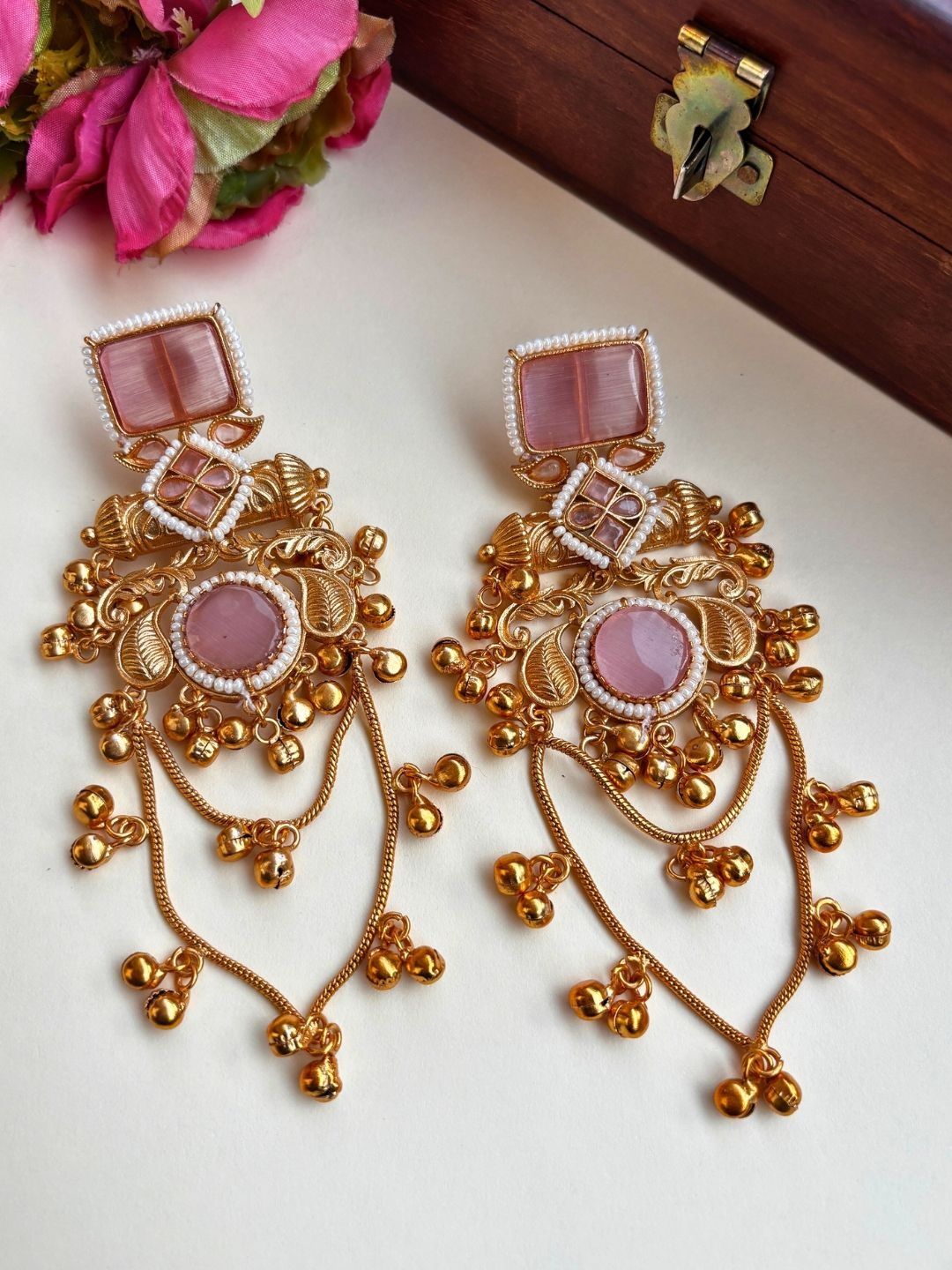 VIVAZS Gold-Plated Ghungaroo Beaded & Pink Kundan Studded Layered Kashmiri Drop Earrings