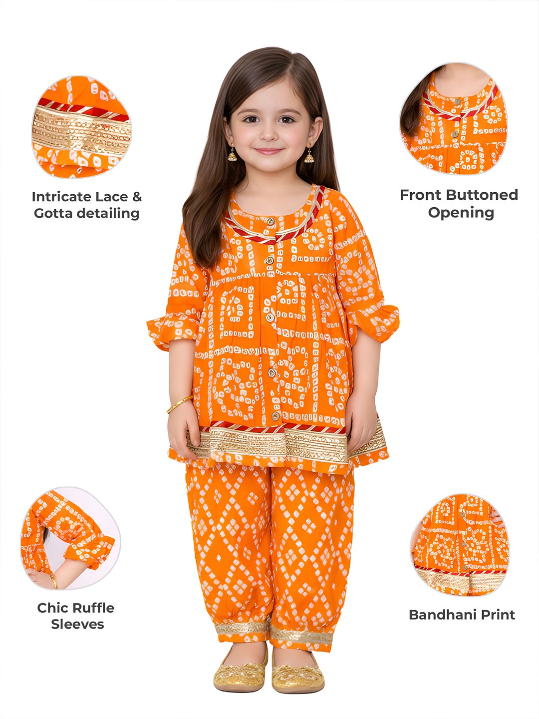 Girls Bandhani Dyed Empire Gotta Patti Kurti with Pyjamas 7