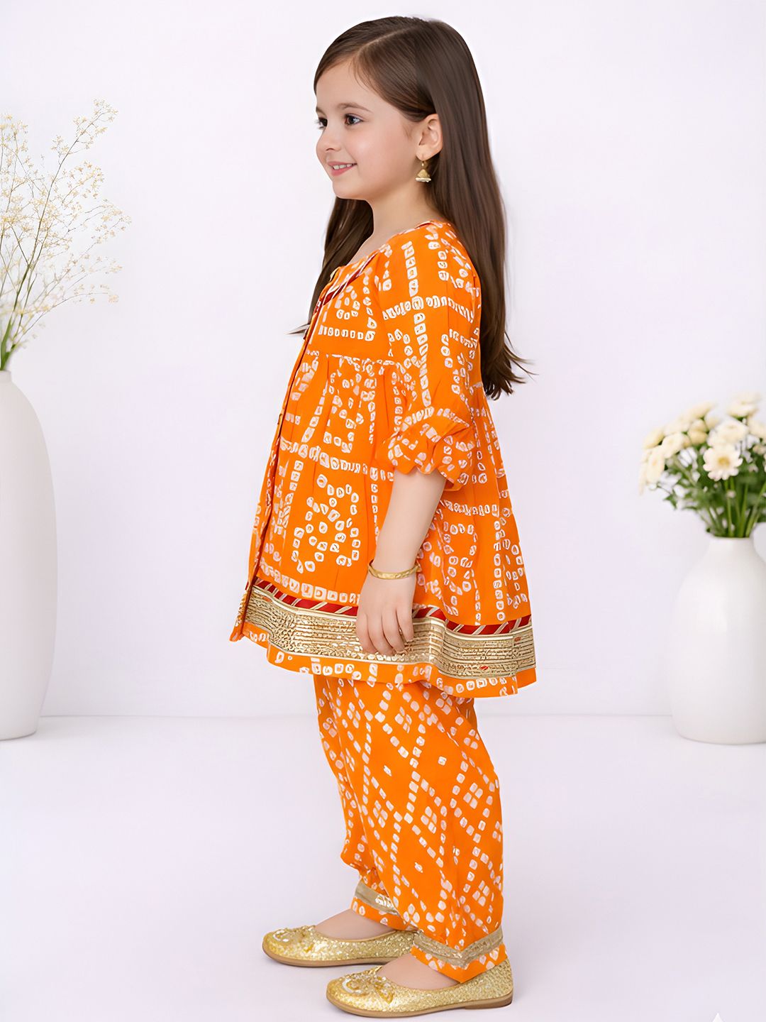 Girls Bandhani Dyed Empire Gotta Patti Kurti with Pyjamas 4