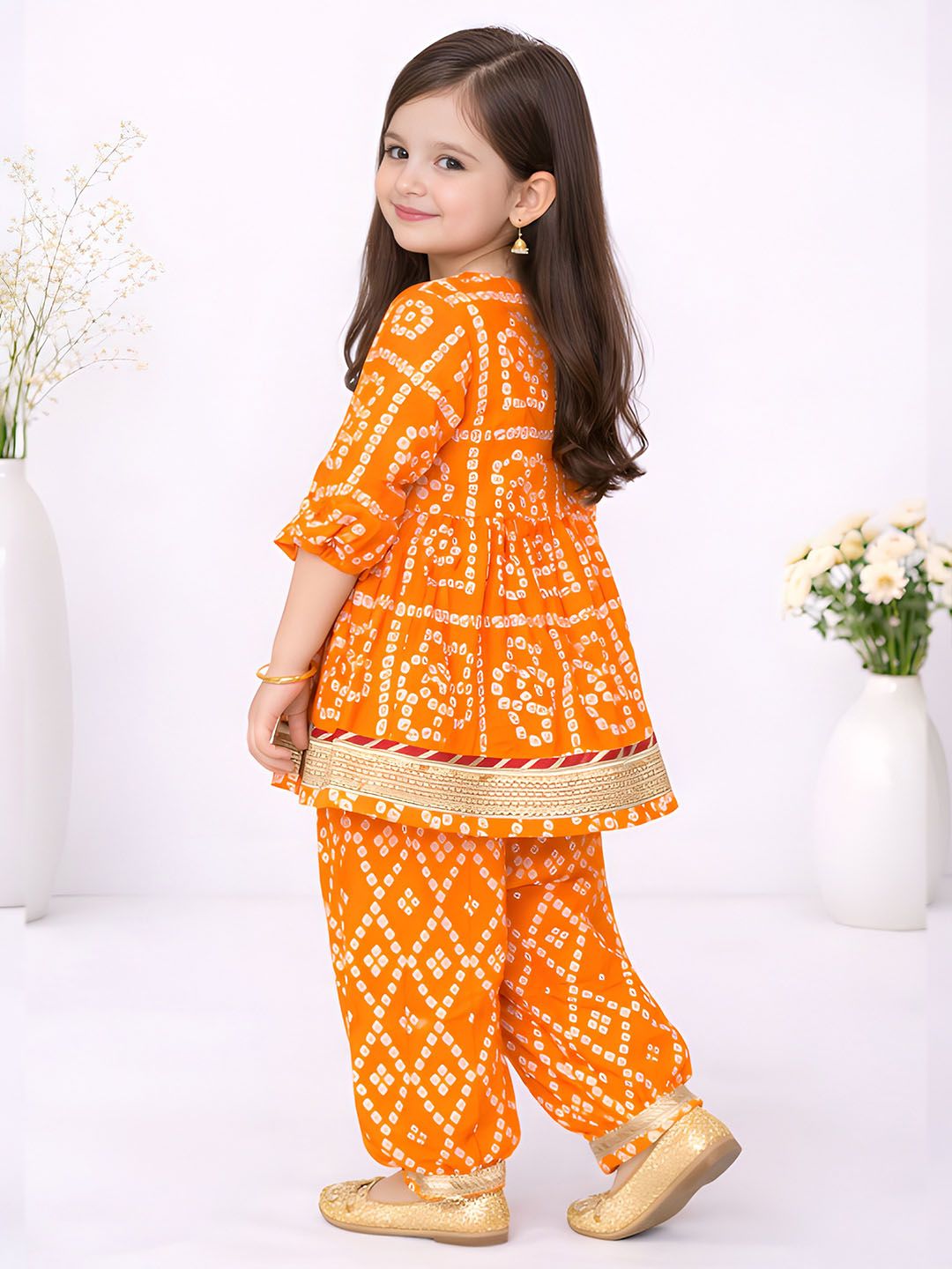 Girls Bandhani Dyed Empire Gotta Patti Kurti with Pyjamas 5