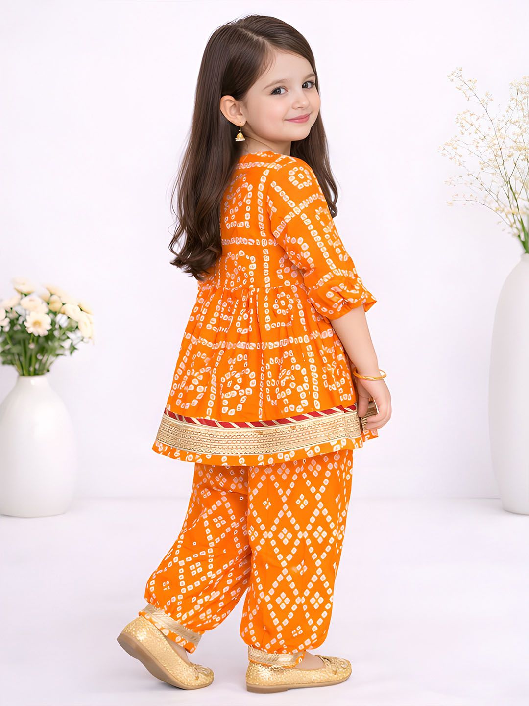Girls Bandhani Dyed Empire Gotta Patti Kurti with Pyjamas 3