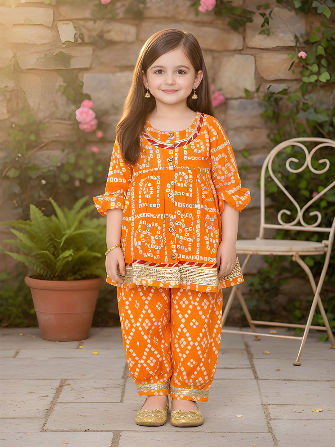 Girls Bandhani Dyed Empire Gotta Patti Kurti with Pyjamas 6