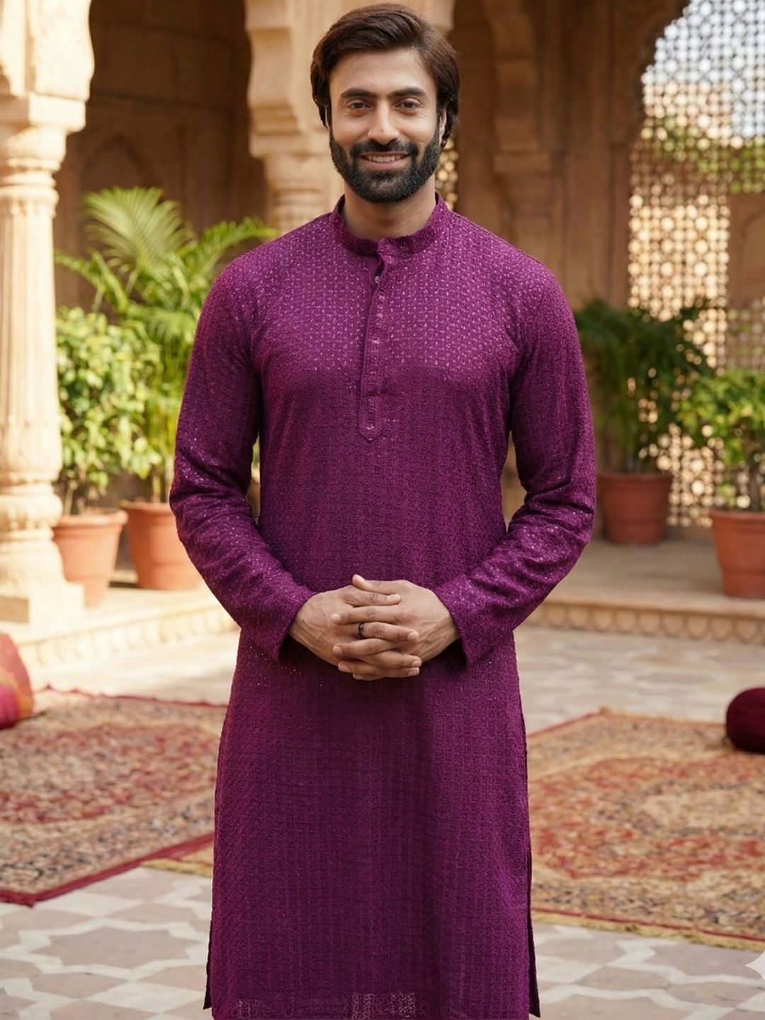 RANGRAAG Men Floral Cold-Shoulder Sleeves Kurta