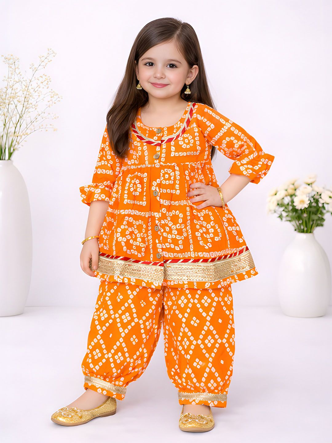 Girls Bandhani Dyed Empire Gotta Patti Kurti with Pyjamas