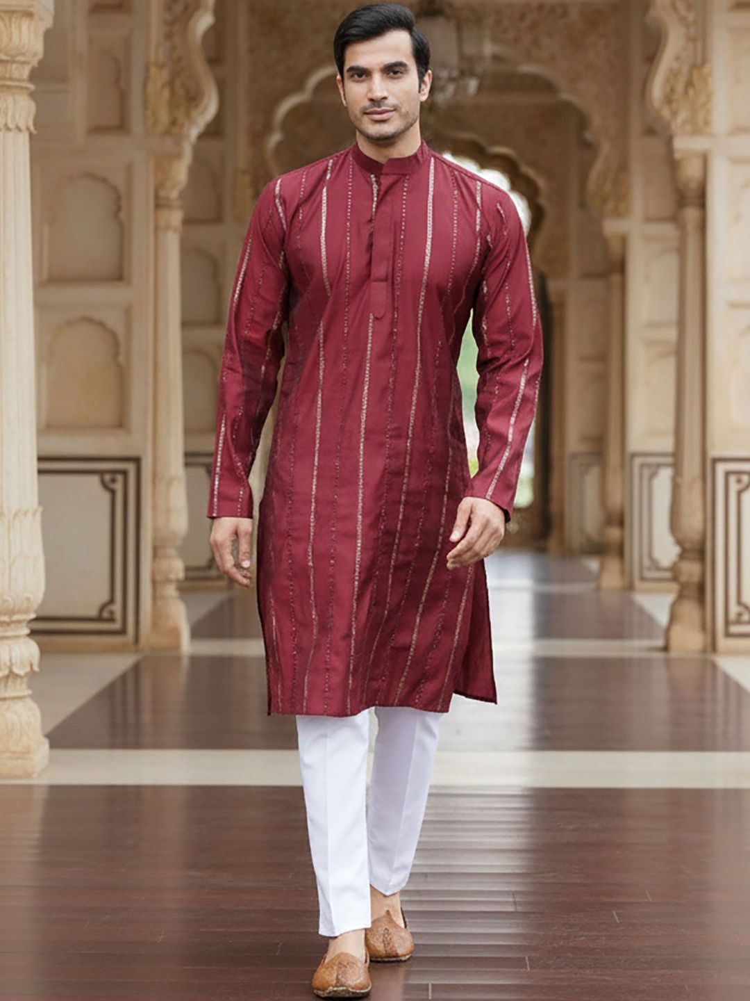RANGRAAG Men Ethnic Motifs Printed Flared Sleeves Thread Work Kurta