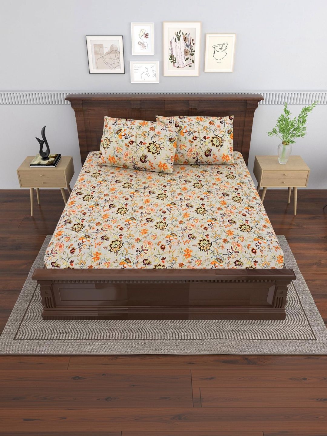 MAFATLAL Cream-Coloured Floral 144 TC Double Bedsheet with 2 Pillow Covers