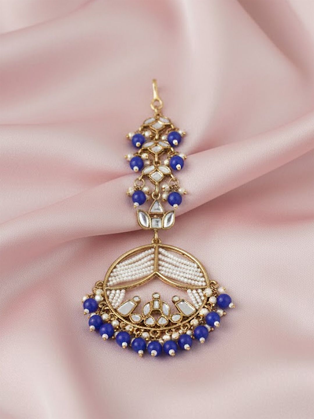 Adwitiya Collection 24CT Gold-Plated White & Blue Stone-Studded & Beaded Antique Maang Tikka