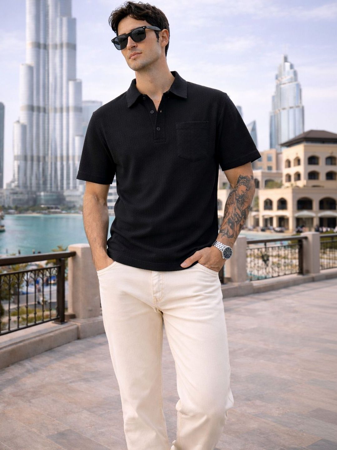 Mast & Harbour Men Self Design Polo Collar Pockets T-shirt