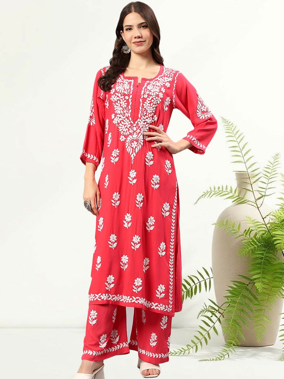 Seva Chikan Women Ethnic Motifs Embroidered Regular Chikankari Kurta with Palazzos