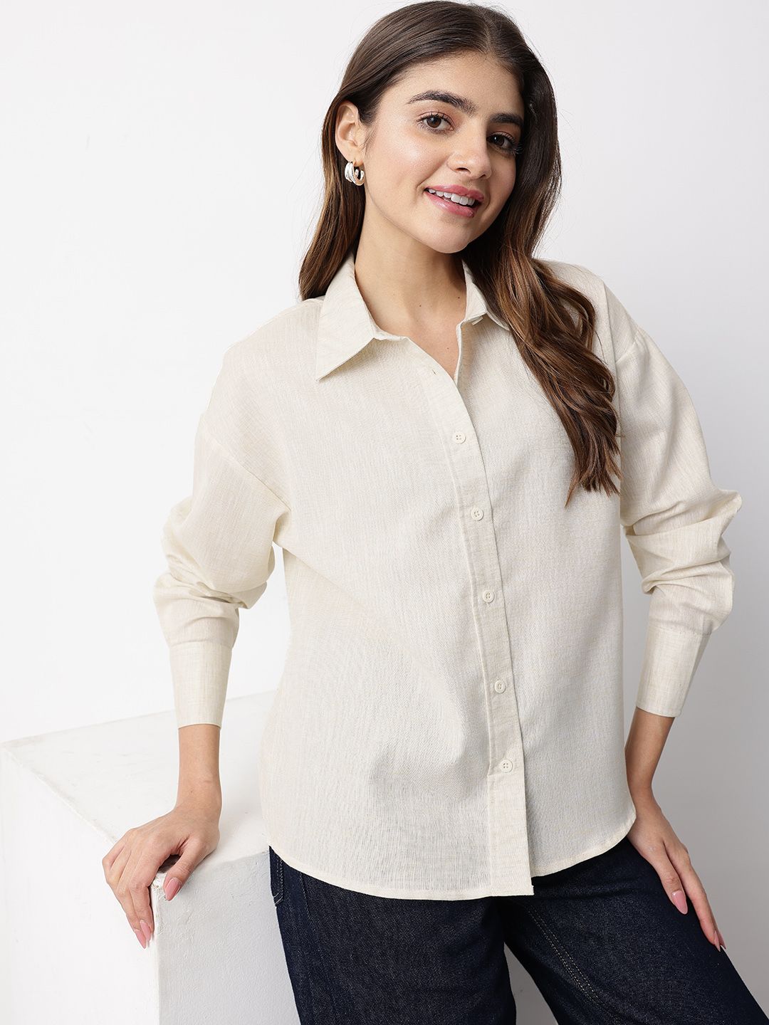 Mast & Harbour Drop-Shoulder Sleeves Relaxed Fit Pure Cotton Casual Shirt