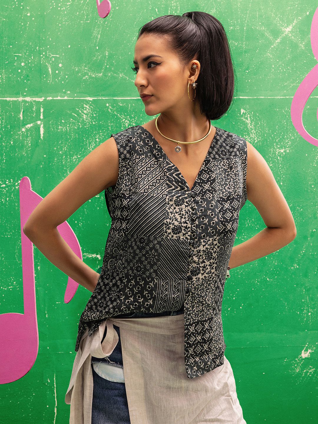 Libas Black Printed Silk Blend Straight Top